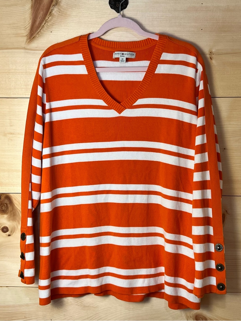 Tommy Hilfiger Orange/White Striped 3X Sweater w/Sleeve Buttons VTG Y2K Preppy